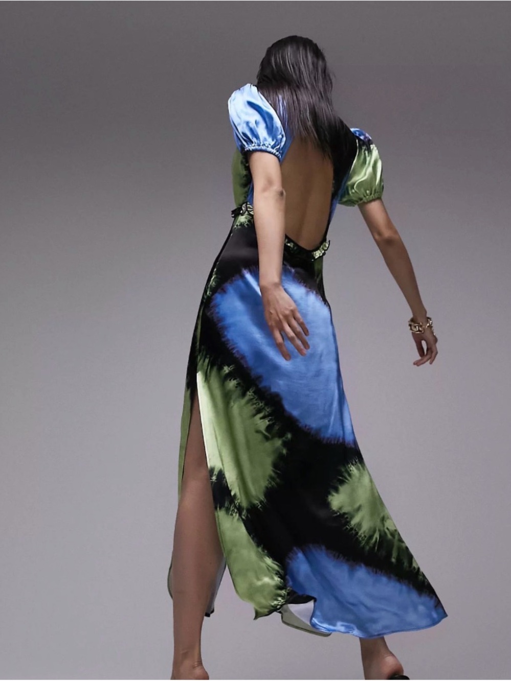 Topshop Blue & Green Tie-Dye Open-Back Satin Maxi Dress